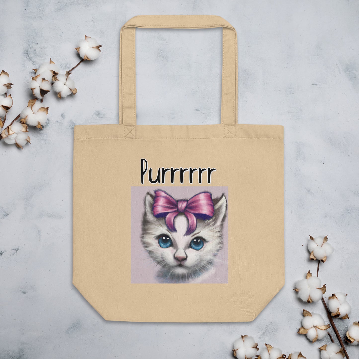 Eco Tote Bag with Kitten With a Bow with text "Purrrrrr" at $26.97 found at Personalizedpetlovergifts