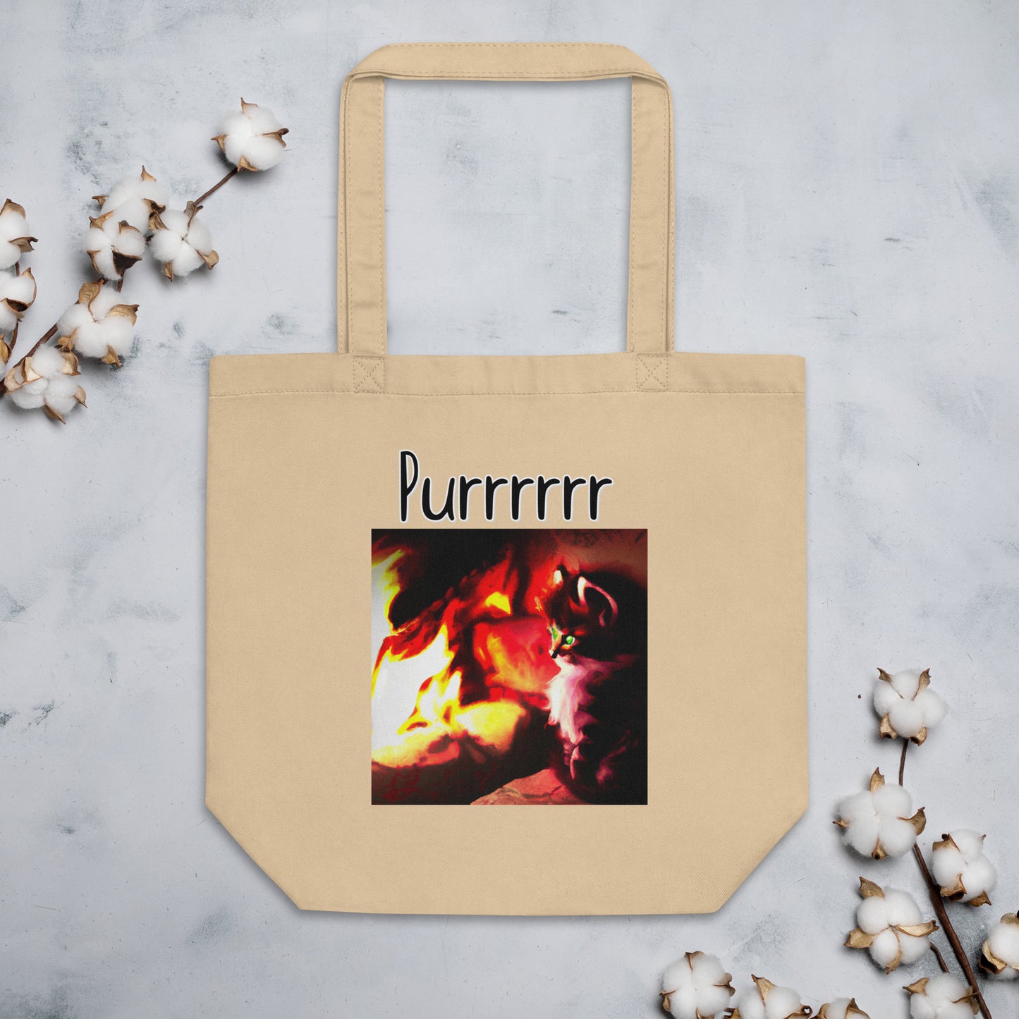 Eco Tote Bag with Kitten Warming Up Near The Fire with text "Purrrrrr" at $26.97 found at Personalizedpetlovergifts