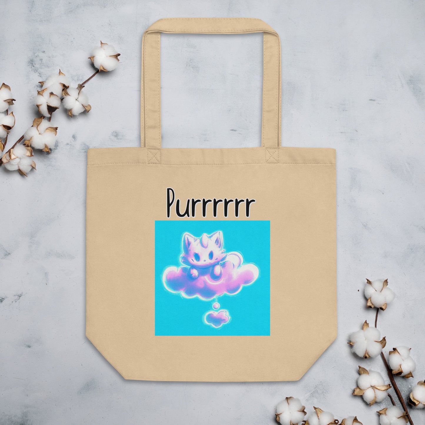 Eco Tote Bag with Kitten Sitting On A Pink Cloud with text "Purrrrrr" at $26.97 found at Personalizedpetlovergifts