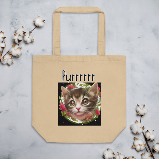 Eco Tote Bag with Kitten Portrait With Flowers with text "Purrrrrr" at $26.97 found at Personalizedpetlovergifts