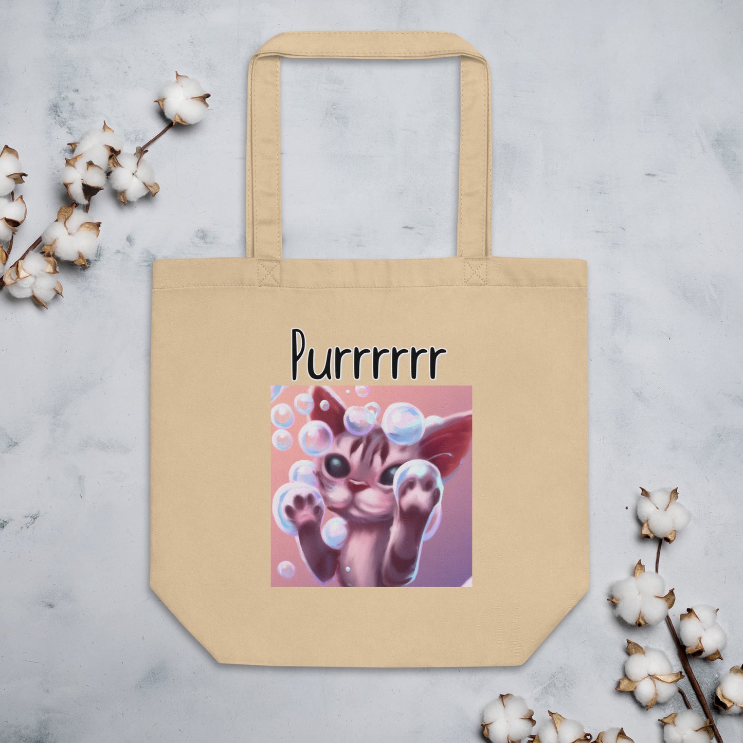 Eco Tote Bag with Kitten Playing With Soap Bubbles with text "Purrrrrr" at $26.97 found at Personalizedpetlovergifts