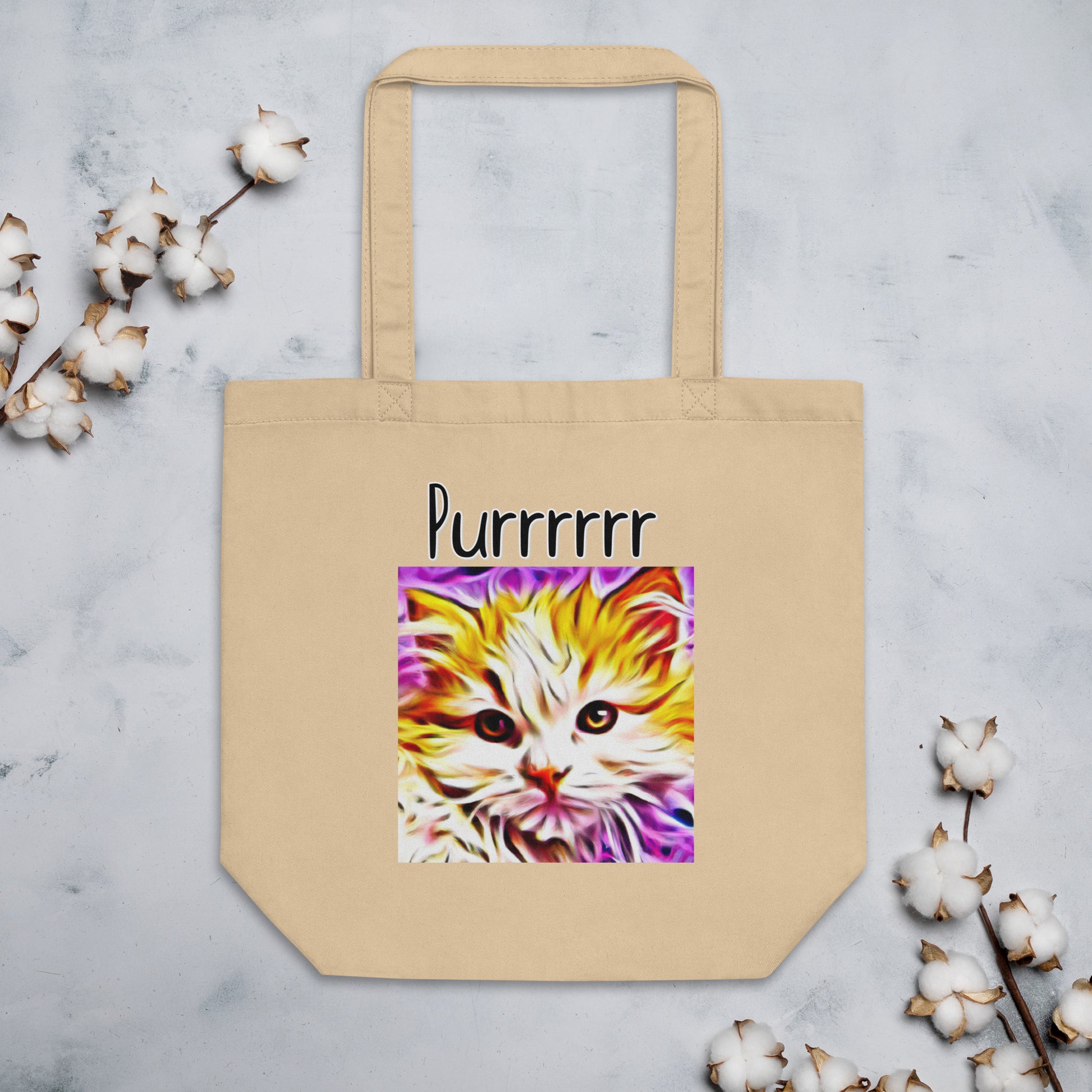 Eco Tote Bag with Kitten In Trippy Colors with text "Purrrrrr" at $26.97 found at Personalizedpetlovergifts