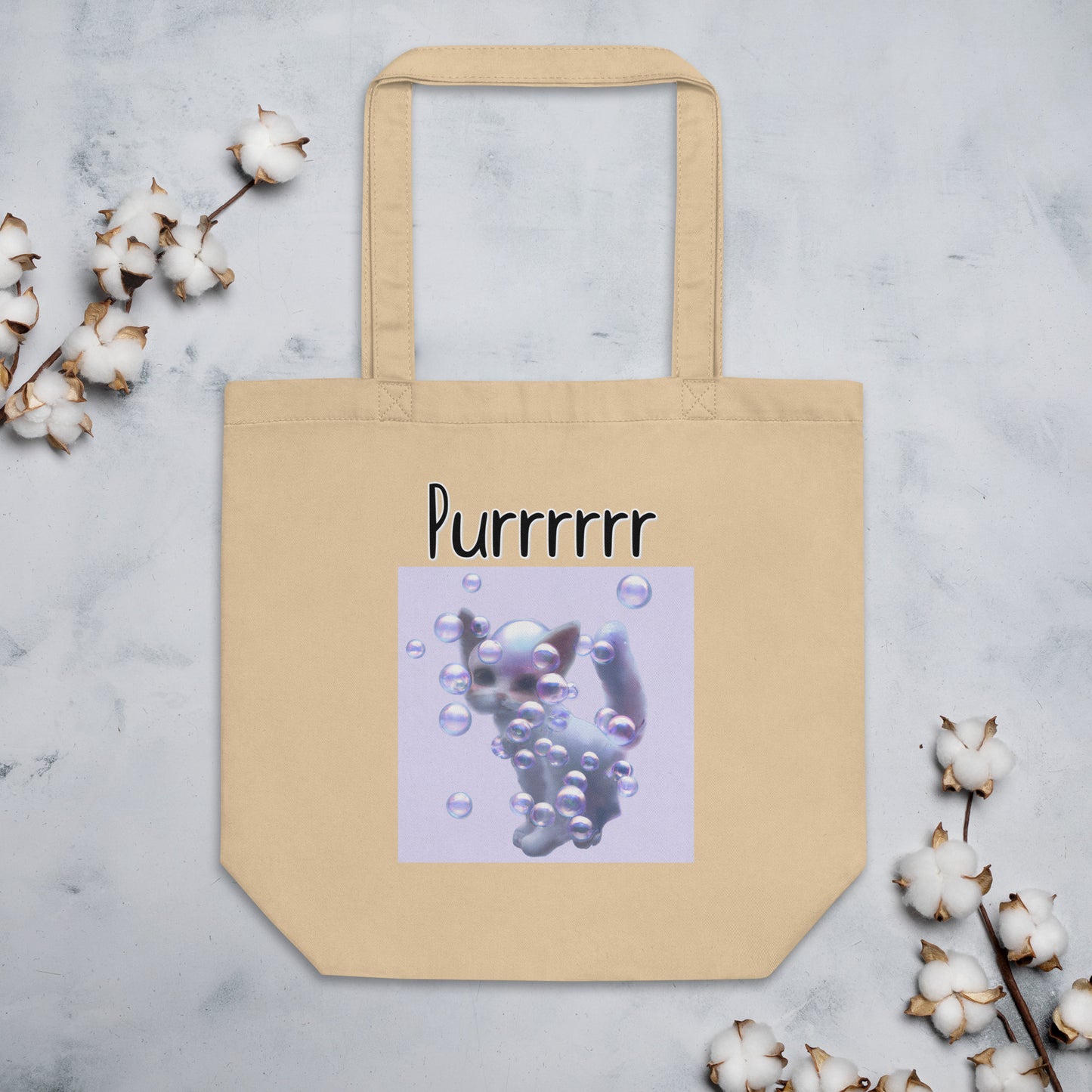 Eco Tote Bag with Kitten In Soap Bubbles with text "Purrrrrr" at $26.97 found at Personalizedpetlovergifts