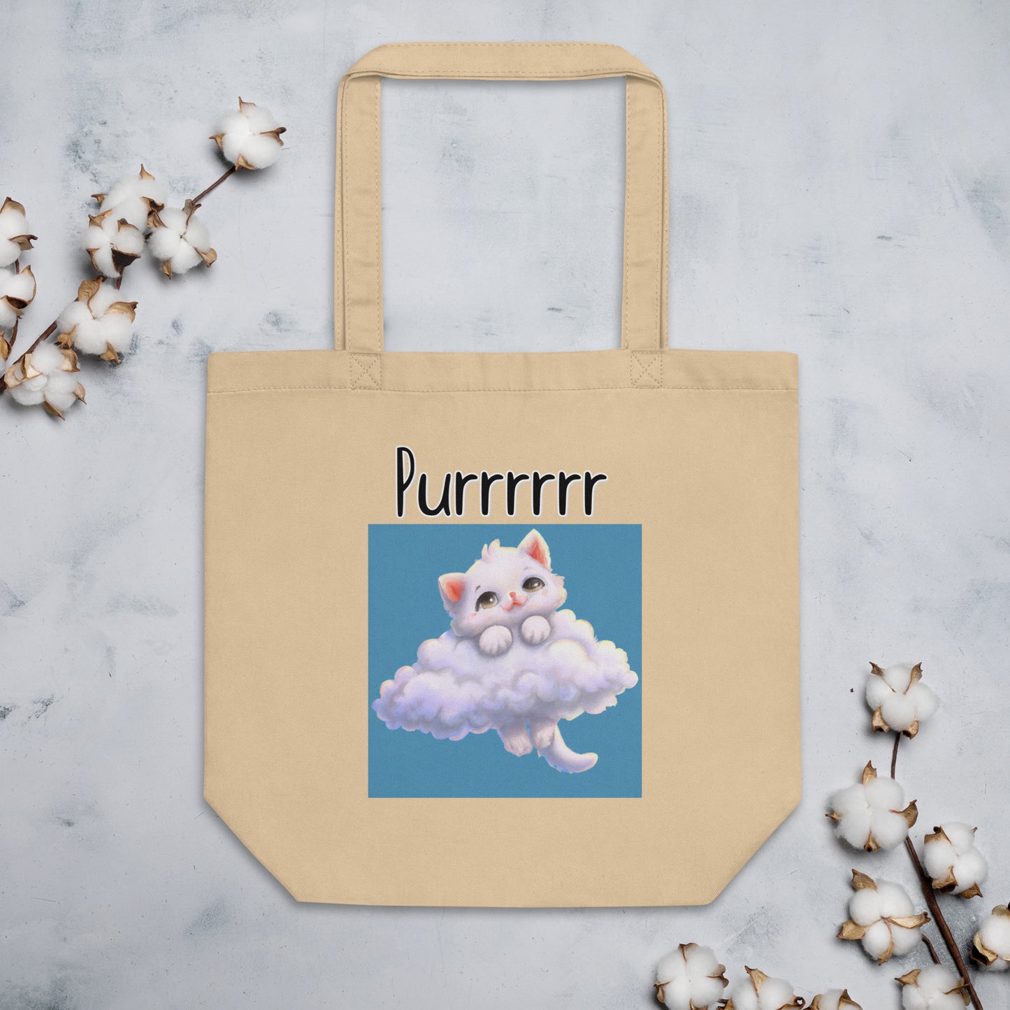 Eco Tote Bag with KItten In Clouds with text "Purrrrrr" at $26.97 found at Personalizedpetlovergifts