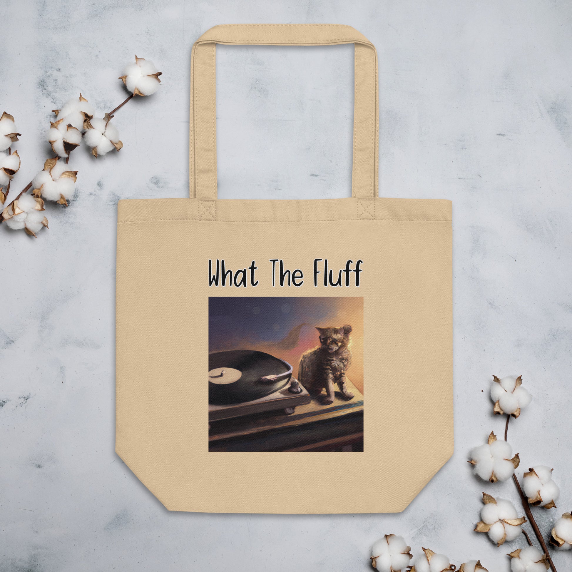 Eco Tote Bag with Kitten With a Vinyl Player with text "What The Fluff" at $26.97 found at Personalizedpetlovergifts