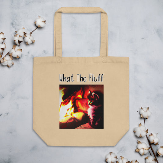 Eco Tote Bag with Kitten Warming Up Near The Fire with text "What The Fluff" at $26.97 found at Personalizedpetlovergifts