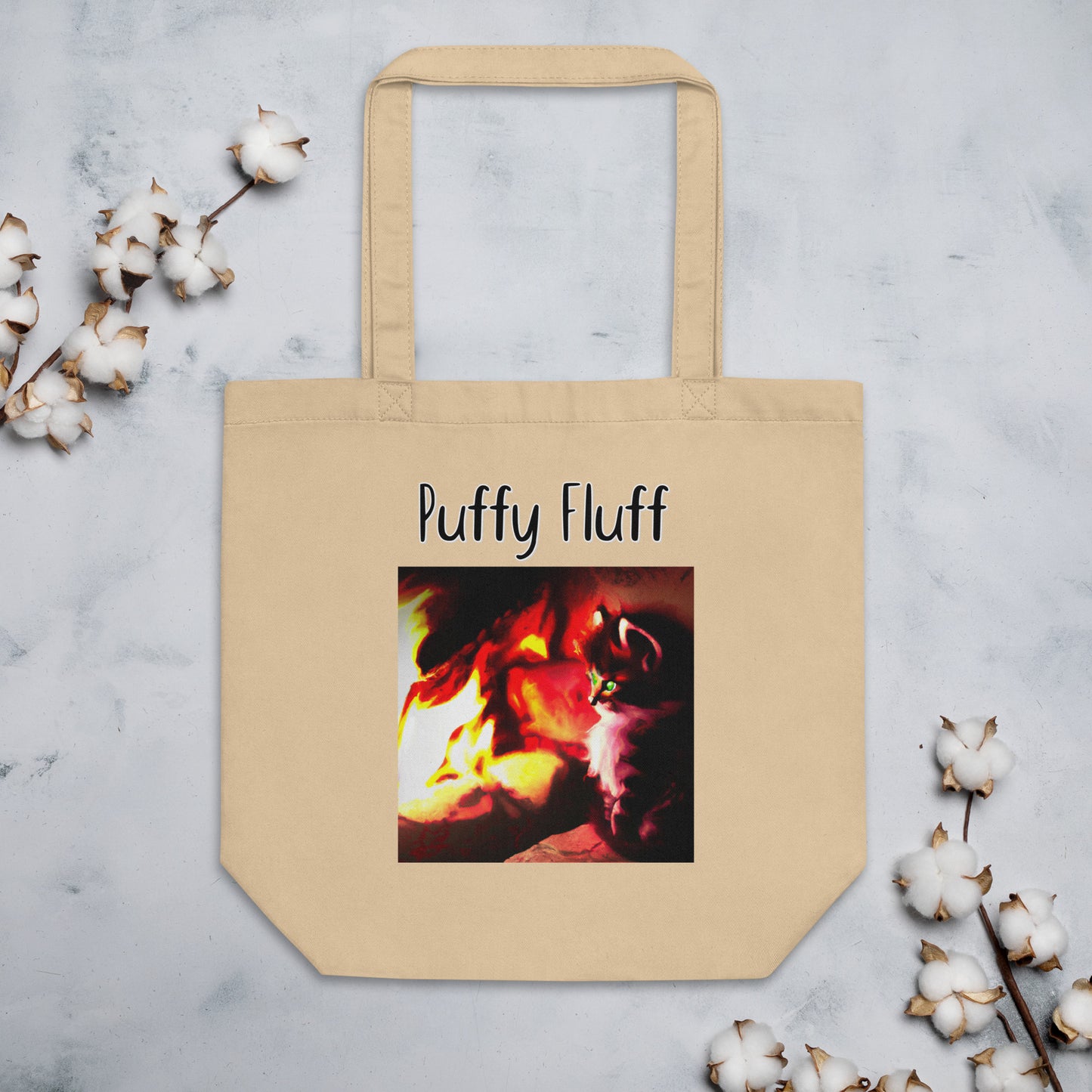 Eco Tote Bag with Kitten Warming Up Near The Fire with text "Puffy Fluff" at $26.97 found at Personalizedpetlovergifts