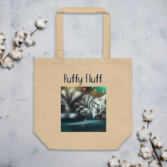 Eco Tote Bag with Kitten Sleeping with text "Puffy Fluff" at $26.97 found at Personalizedpetlovergifts