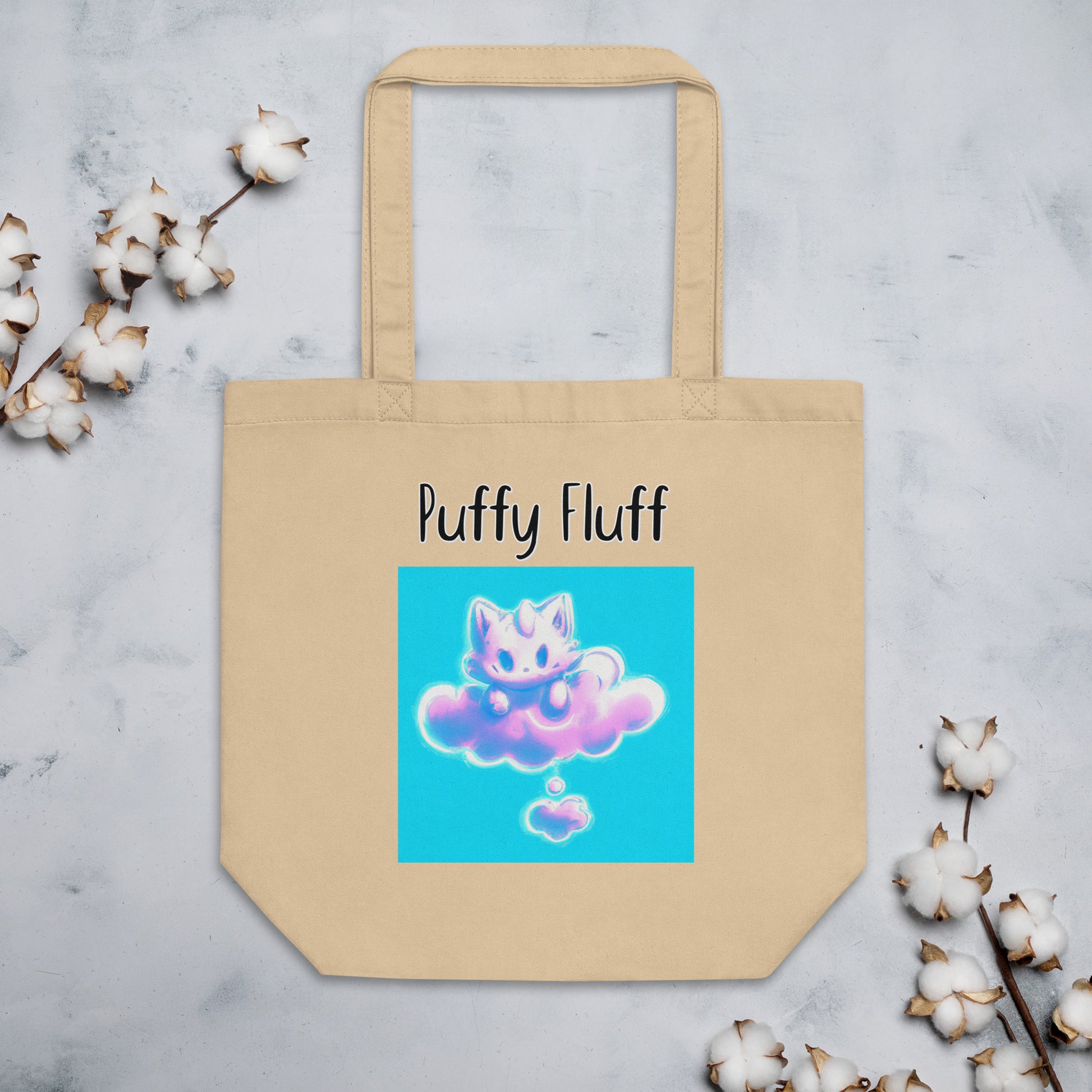 Eco Tote Bag with Kitten Sitting On A Pink Cloud with text "Puffy Fluff" at $26.97 found at Personalizedpetlovergifts