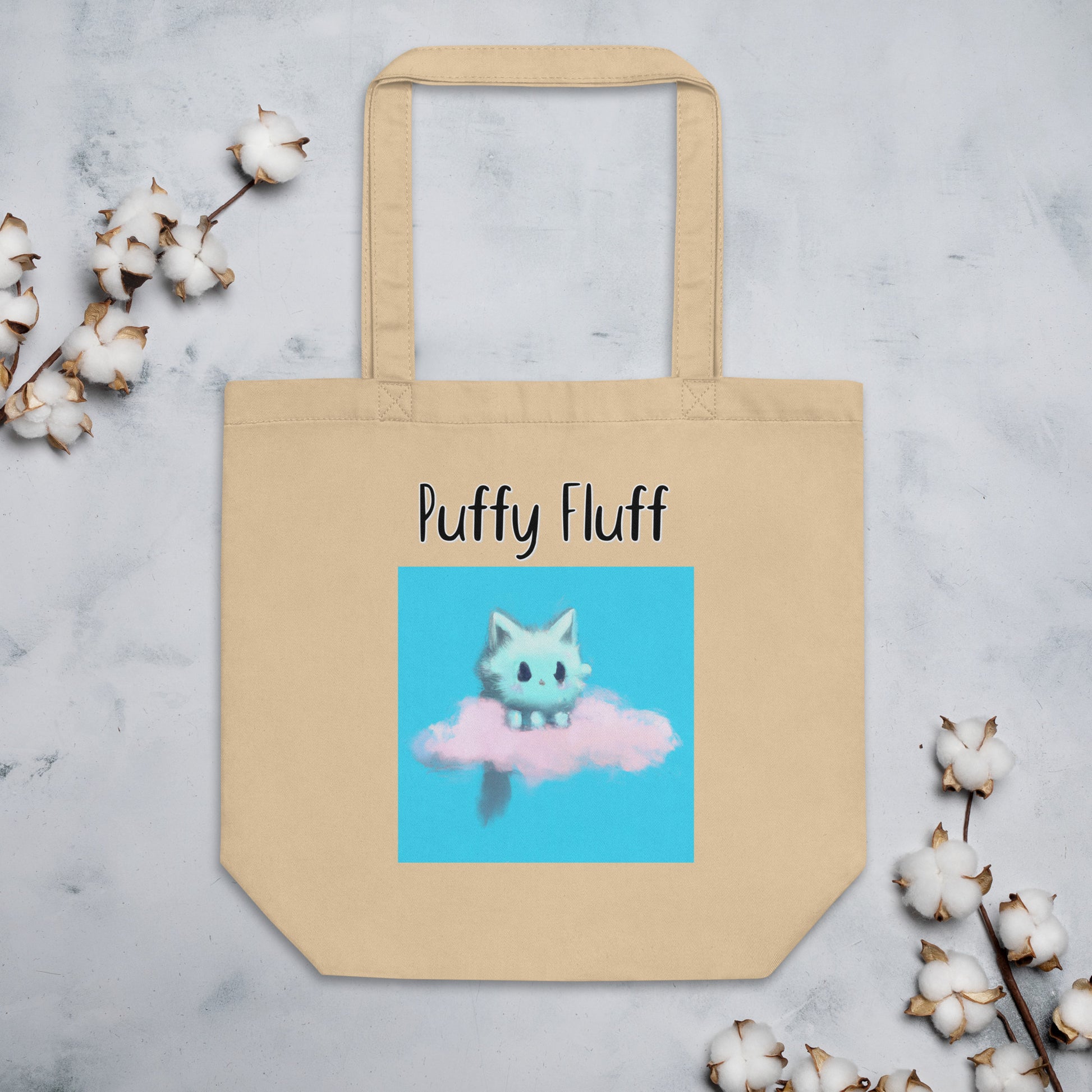 Eco Tote Bag with Kitten Sitting On a Cloud with text "Puffy Fluff" at $26.97 found at Personalizedpetlovergifts