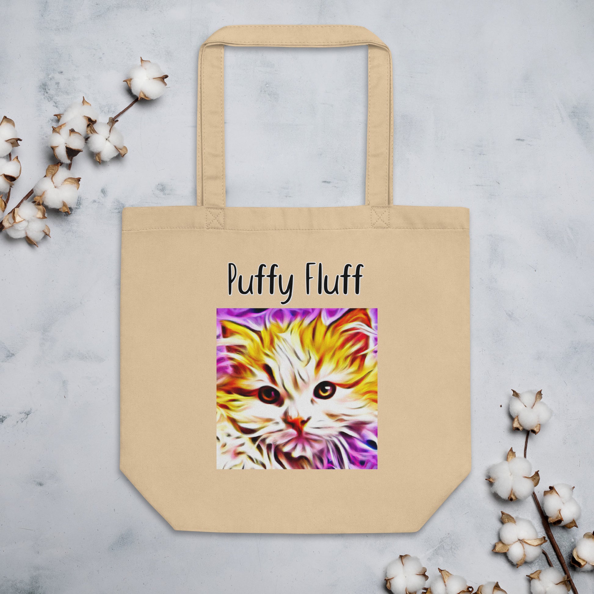 Eco Tote Bag with Kitten In Trippy Colors with text "Puffy Fluff" at $26.97 found at Personalizedpetlovergifts