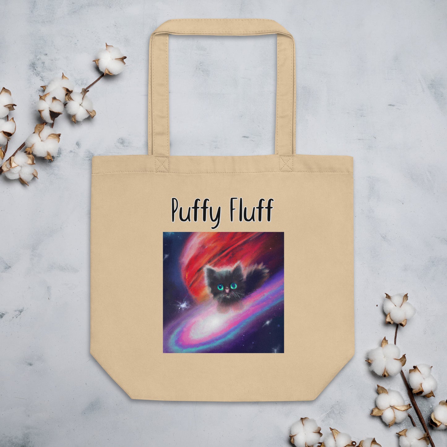 Eco Tote Bag with Kitten In a Galaxy with text "Puffy Fluff" at $26.97 found at Personalizedpetlovergifts