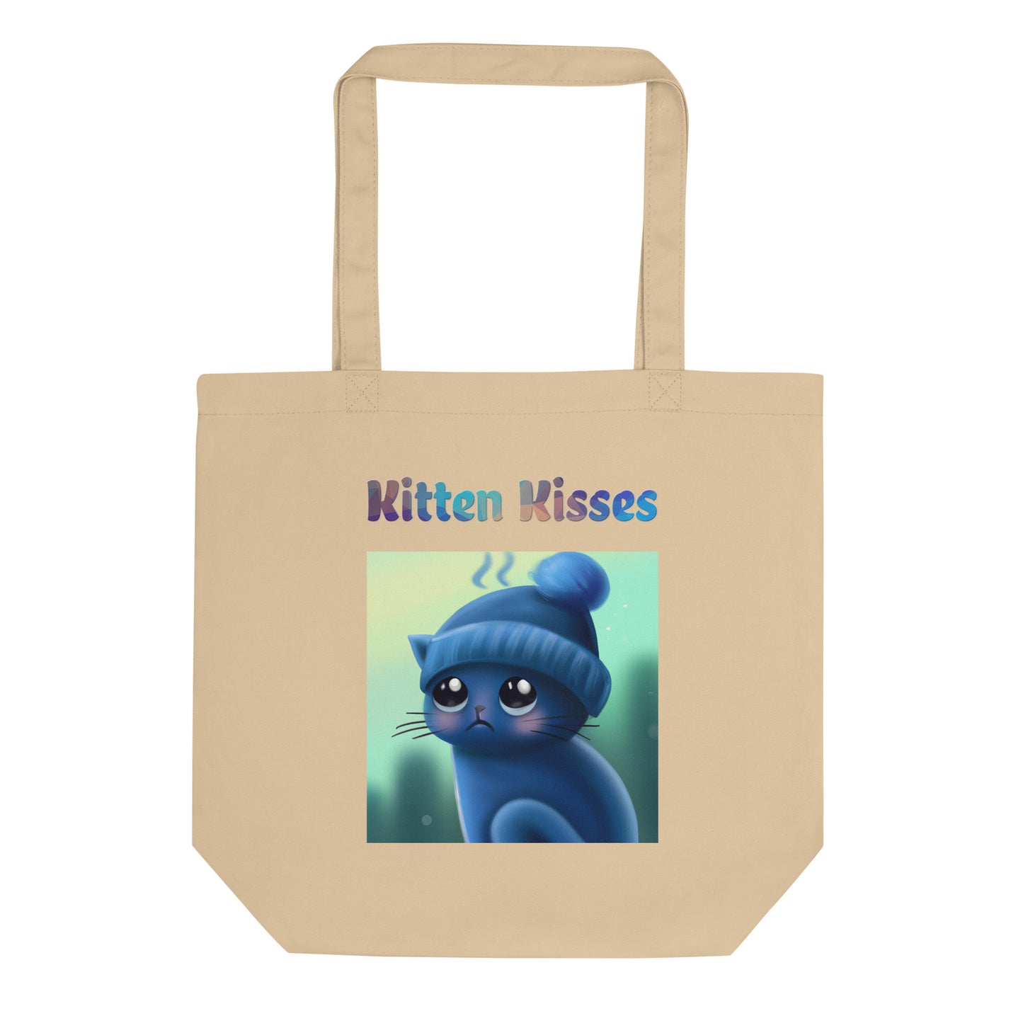 Eco Tote Bag with Cold Kitten In a Hat with text "Kitten Kisses" at $26.97 found at Personalizedpetlovergifts