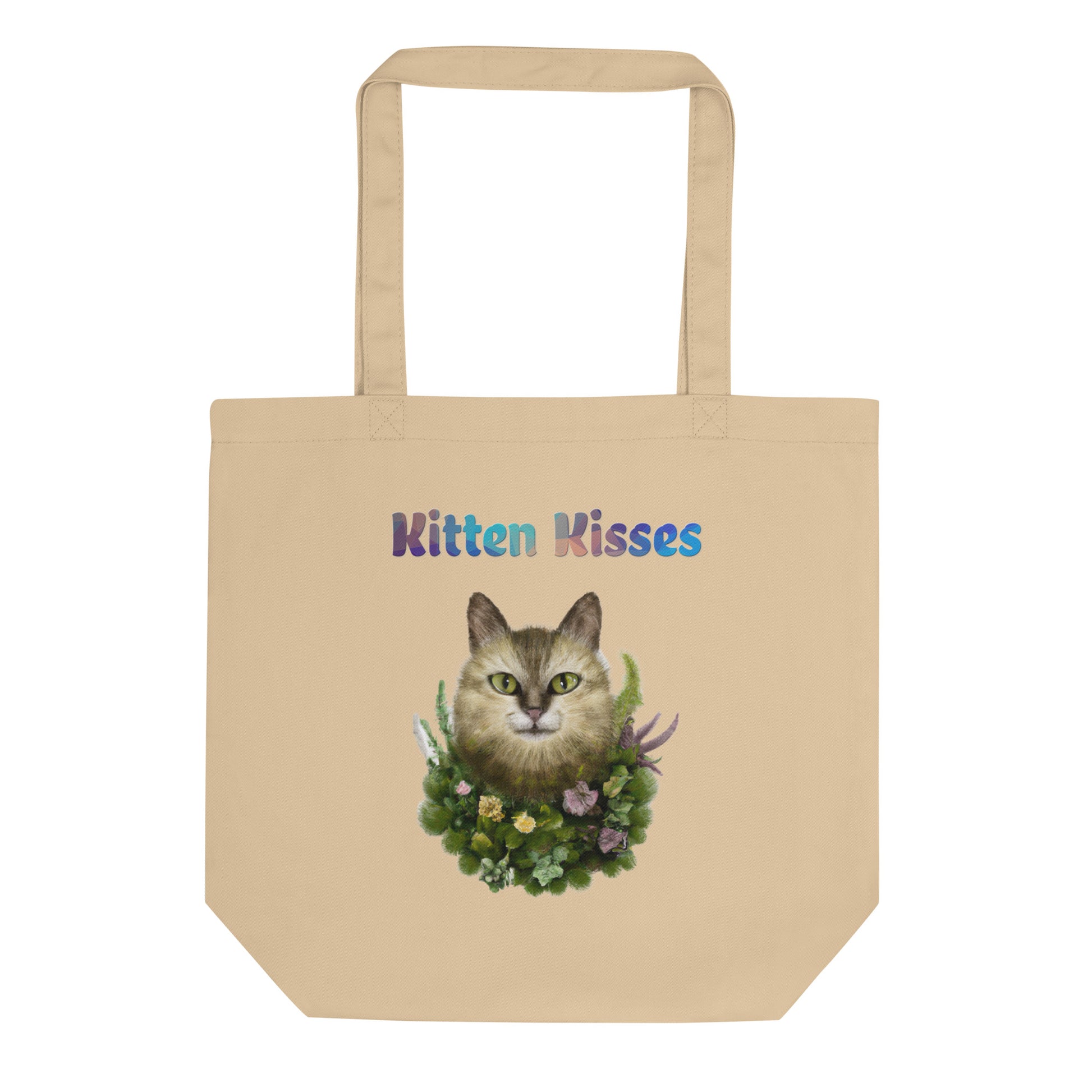 Eco Tote Bag with Cat With Plants And Flowers with text "Kitten Kisses" at $26.97 found at Personalizedpetlovergifts