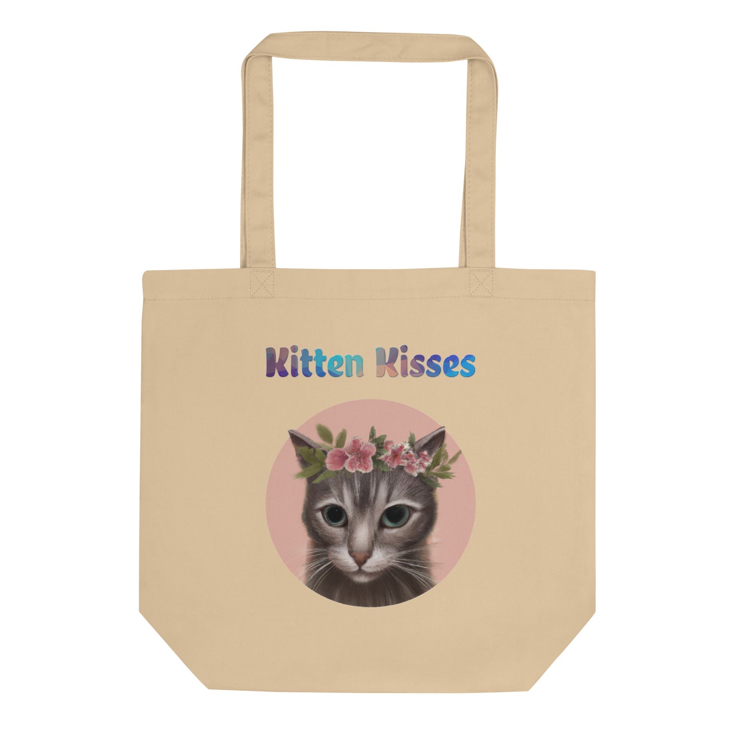 Eco Tote Bag with Cat With Pink Floral Headpiece with text "Kitten Kisses" at $26.97 found at Personalizedpetlovergifts