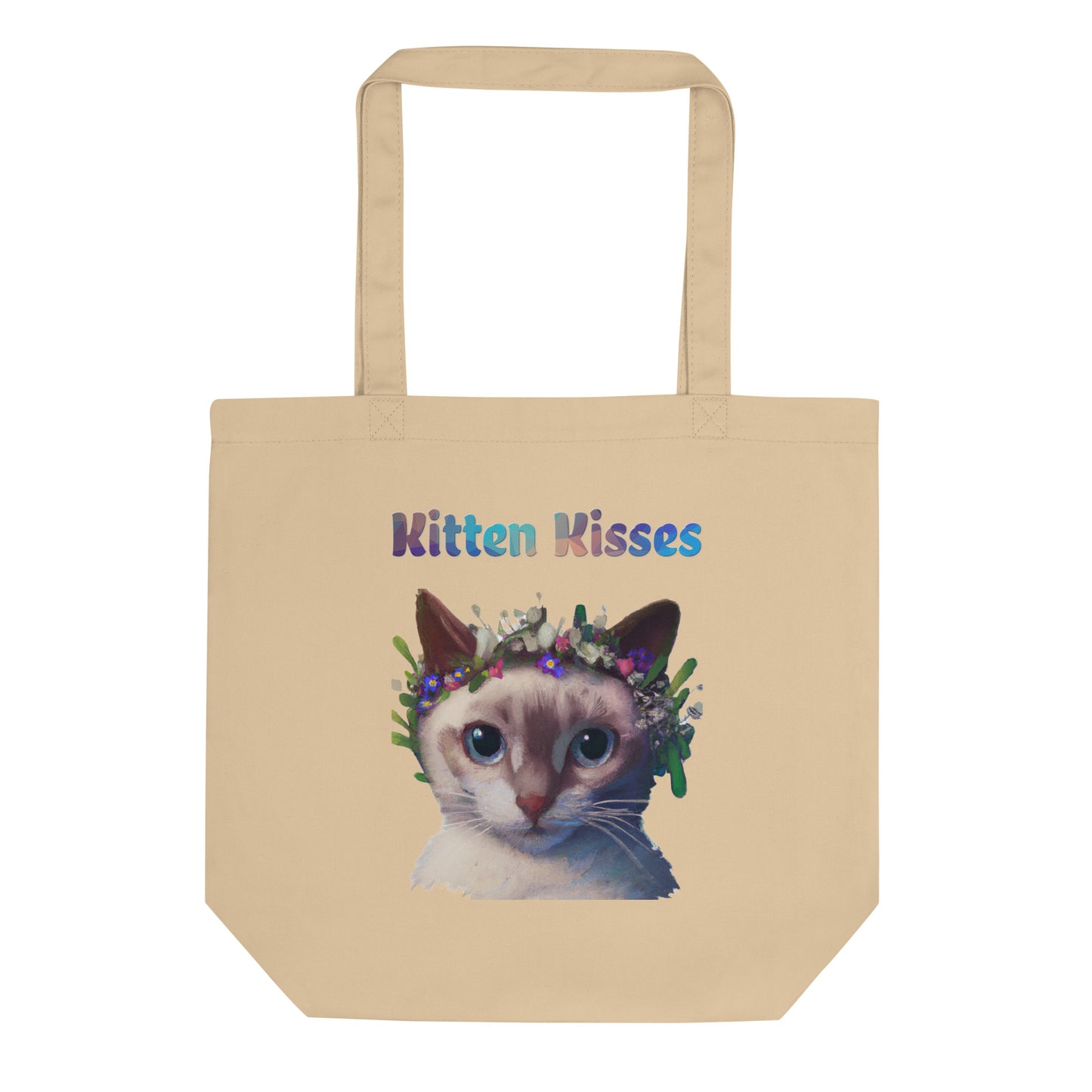 Eco Tote Bag with Cat With Flowers On Head with text "Kitten Kisses" at $26.97 found at Personalizedpetlovergifts