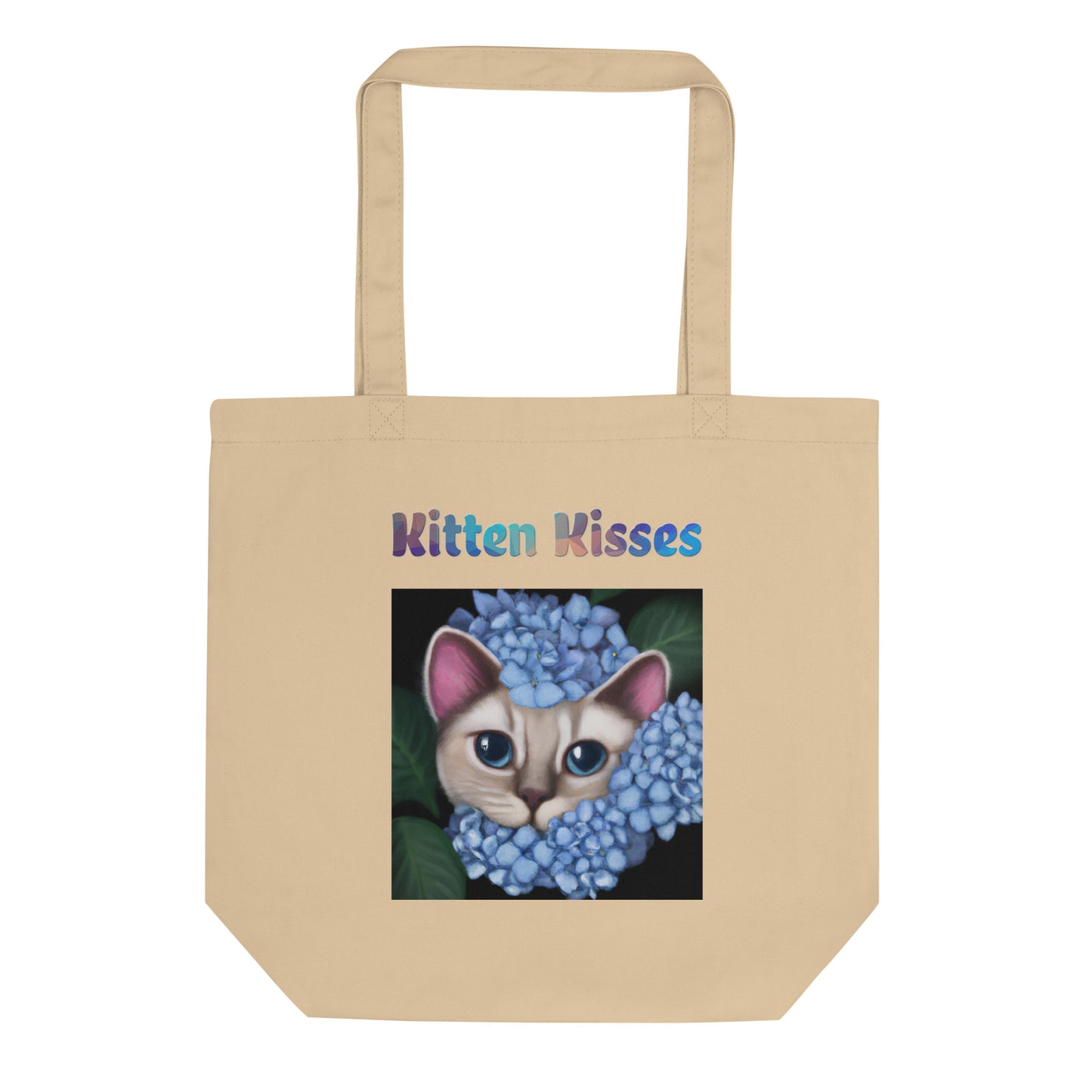 Eco Tote Bag with Cat With Blue Hydrangea Flowers with text "Kitten Kisses" at $26.97 found at Personalizedpetlovergifts