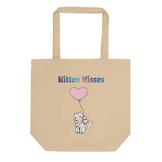 Eco Tote Bag with Cat With a Pink Heart Balloon with text "Kitten Kisses" at $26.97 found at Personalizedpetlovergifts