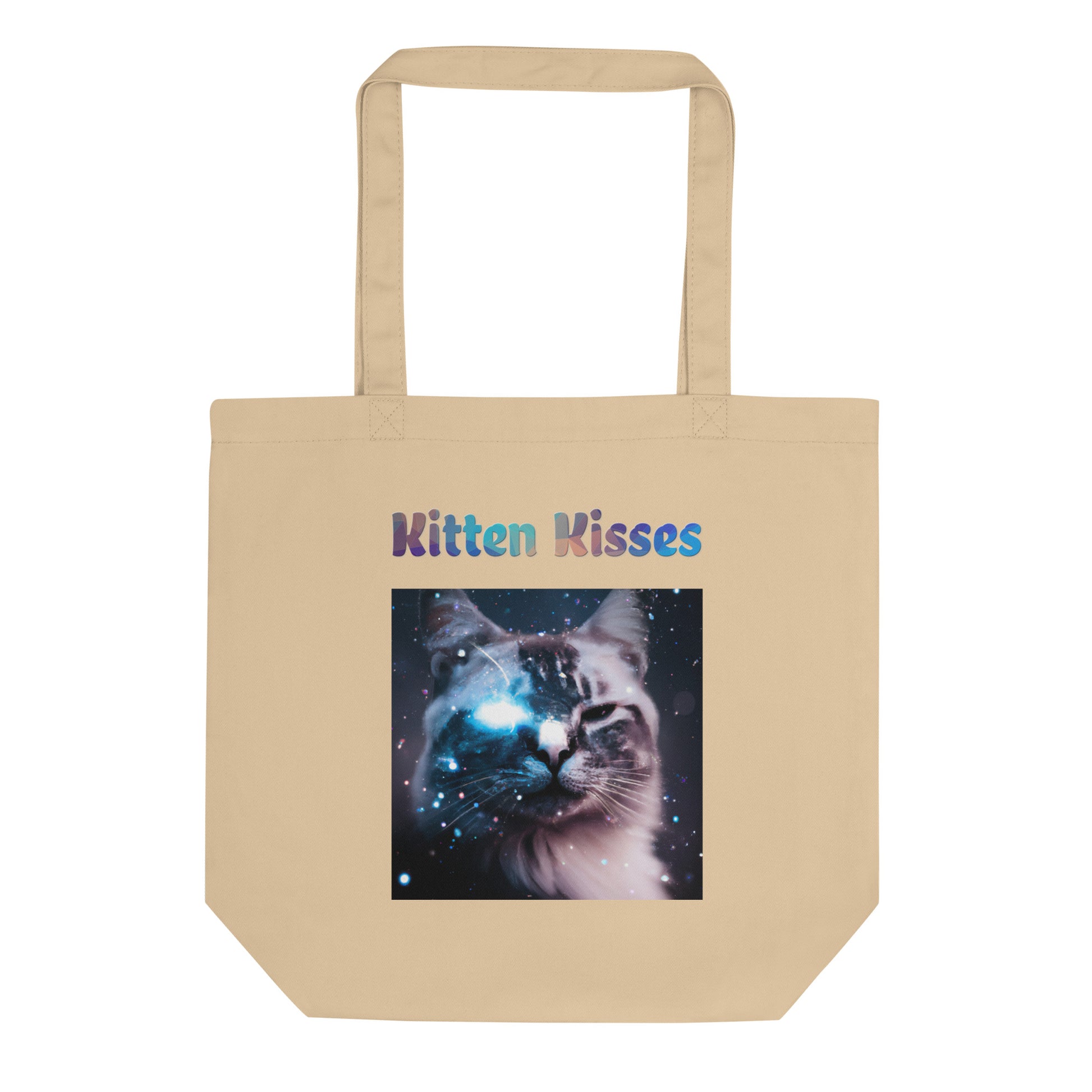 Eco Tote Bag with Cat With A Galaxy Eye with text "Kitten Kisses" at $26.97 found at Personalizedpetlovergifts