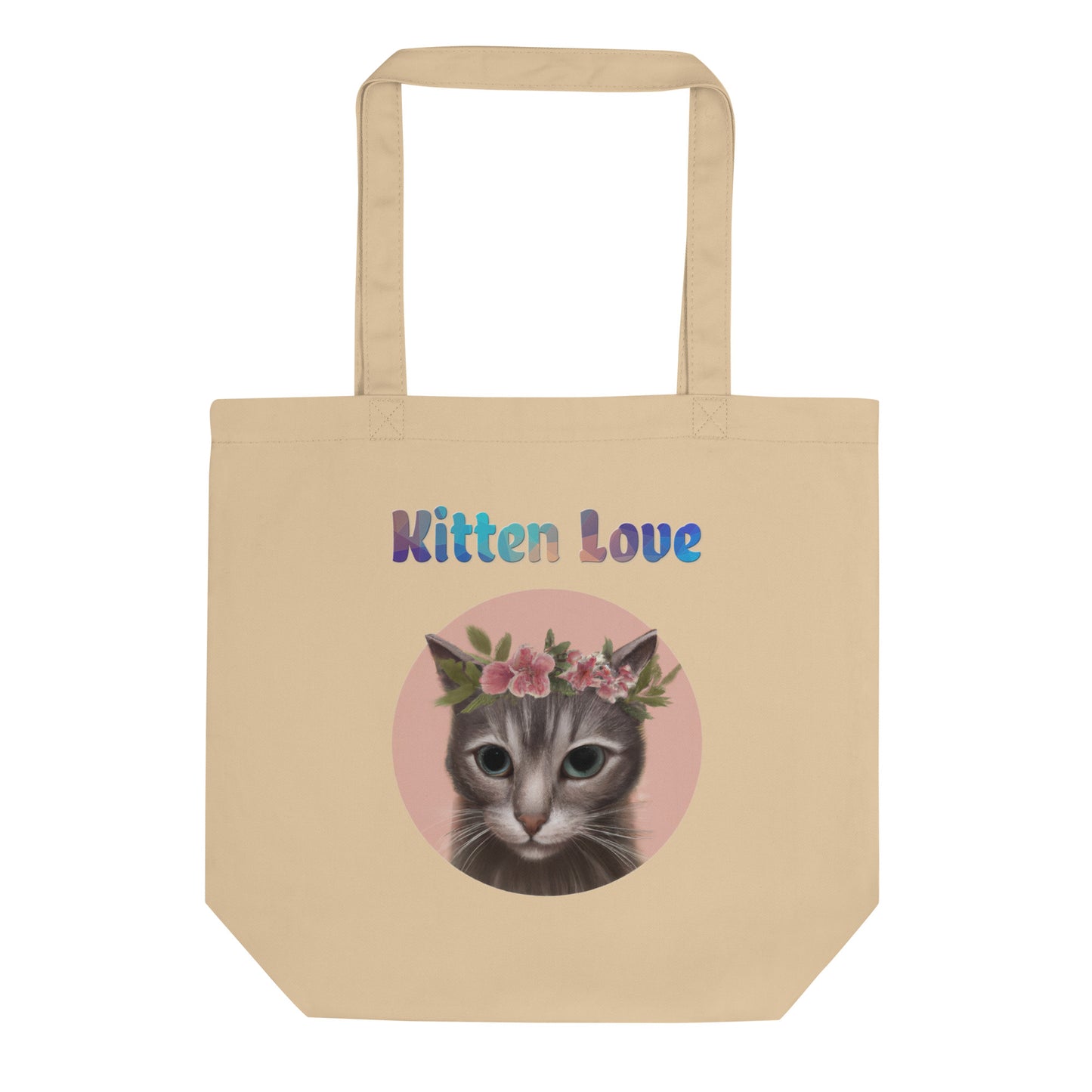 Eco Tote Bag with Cat With Pink Floral Headpiece with text "Kitten Love" at $26.97 found at Personalizedpetlovergifts