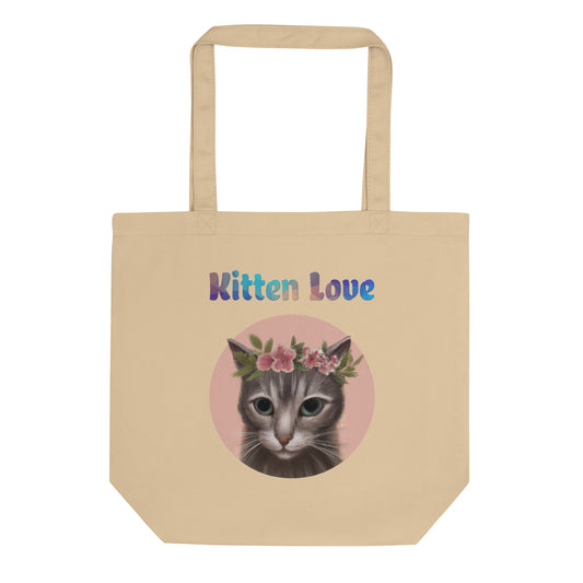 Eco Tote Bag with Cat With Pink Floral Headpiece with text "Kitten Love" at $26.97 found at Personalizedpetlovergifts