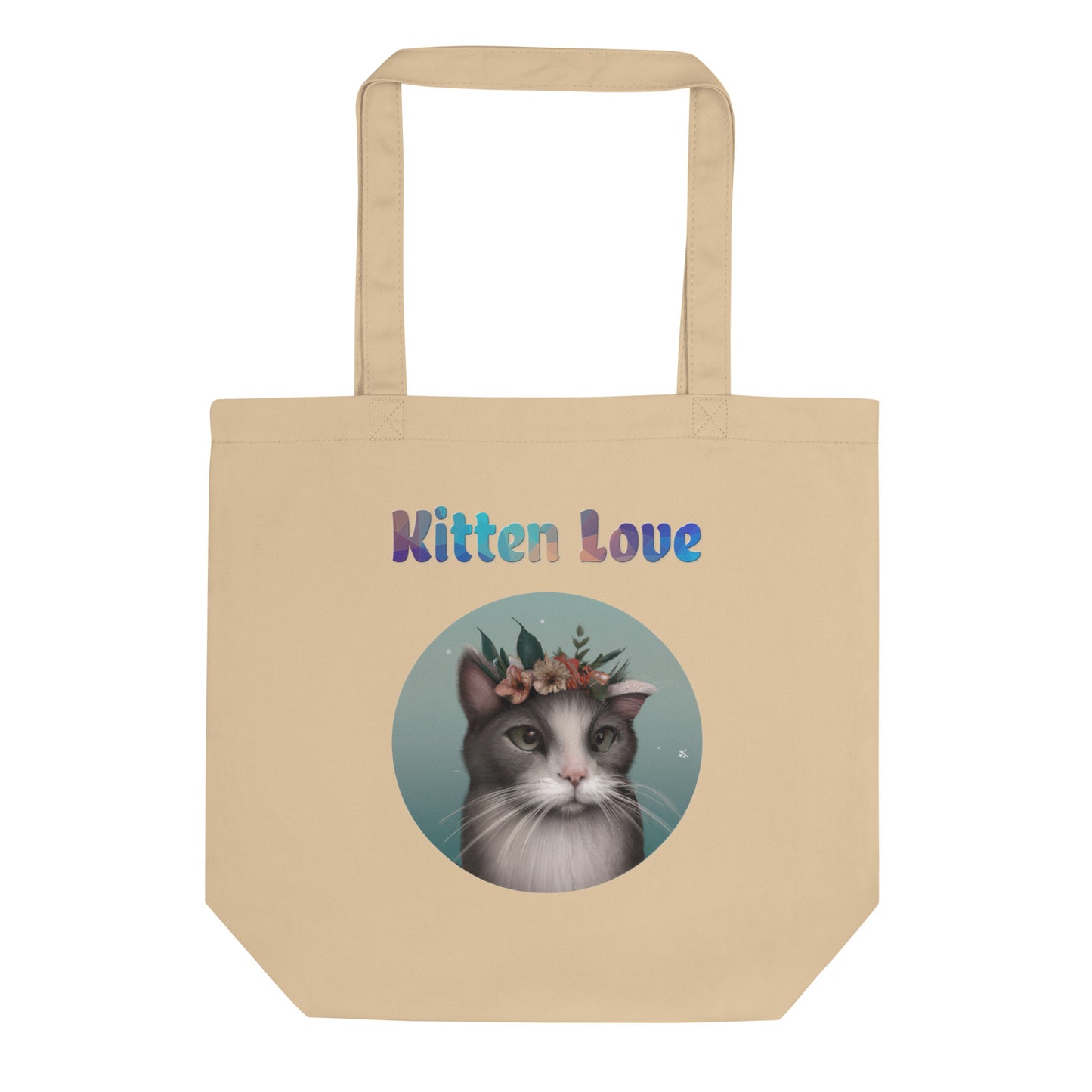 Eco Tote Bag with Cat With Flowers with text "Kitten Love" at $26.97 found at Personalizedpetlovergifts