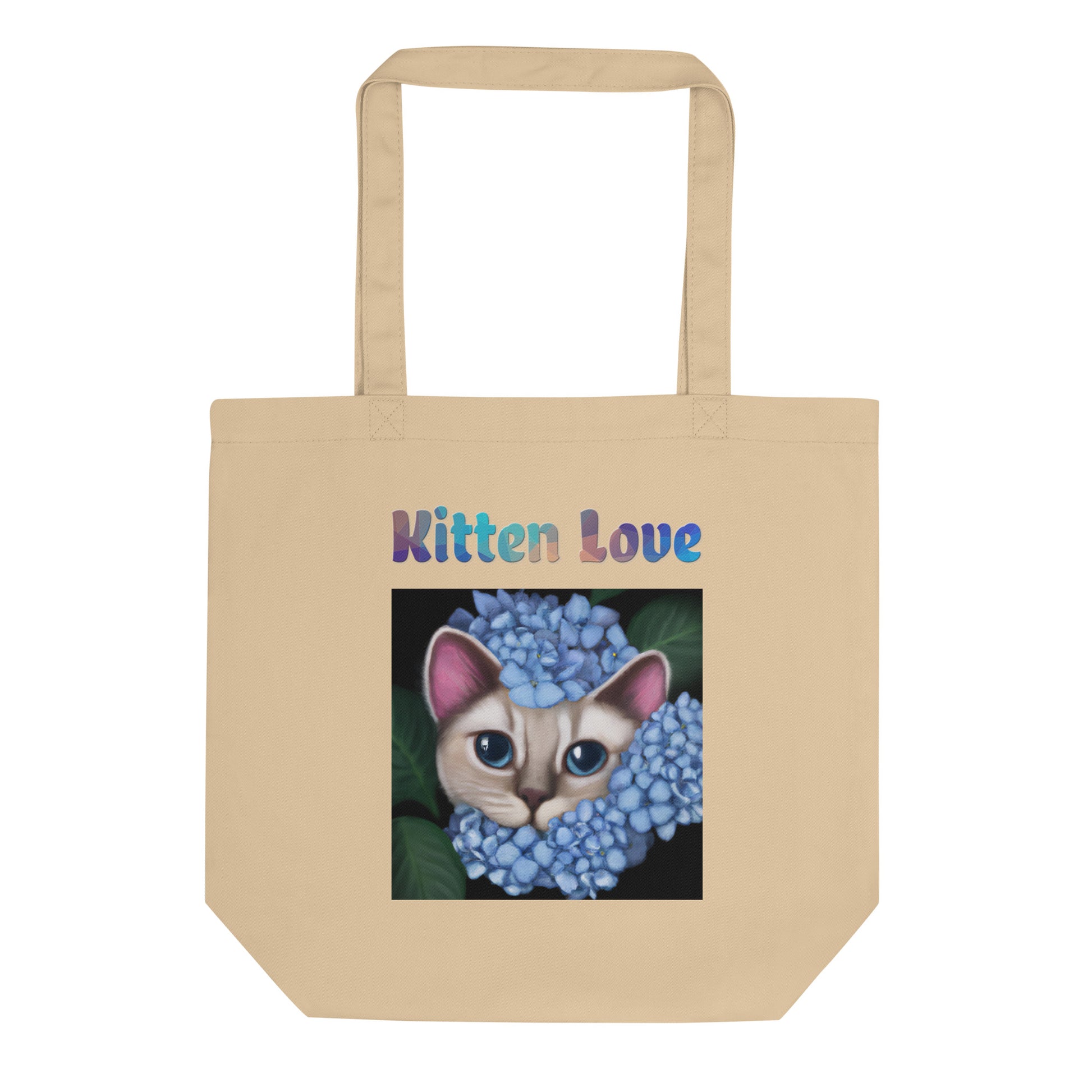 Eco Tote Bag with Cat With Blue Hydrangea Flowers with text "Kitten Love" at $26.97 found at Personalizedpetlovergifts