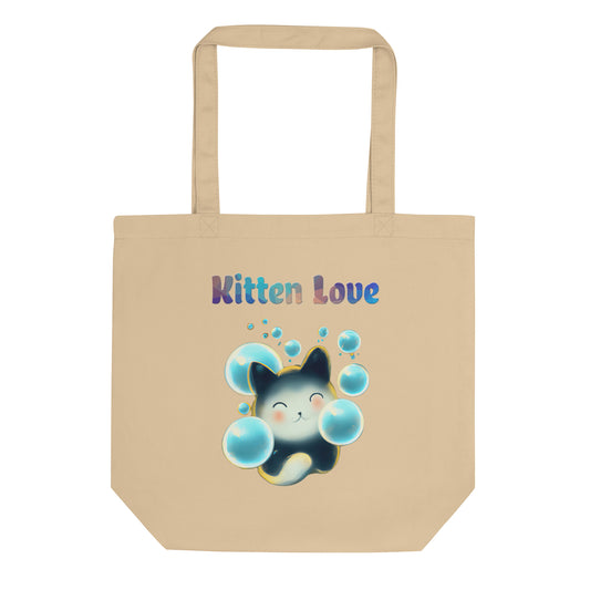 Eco Tote Bag with Cat With Blue Bubbles with text "Kitten Love" at $26.97 found at Personalizedpetlovergifts