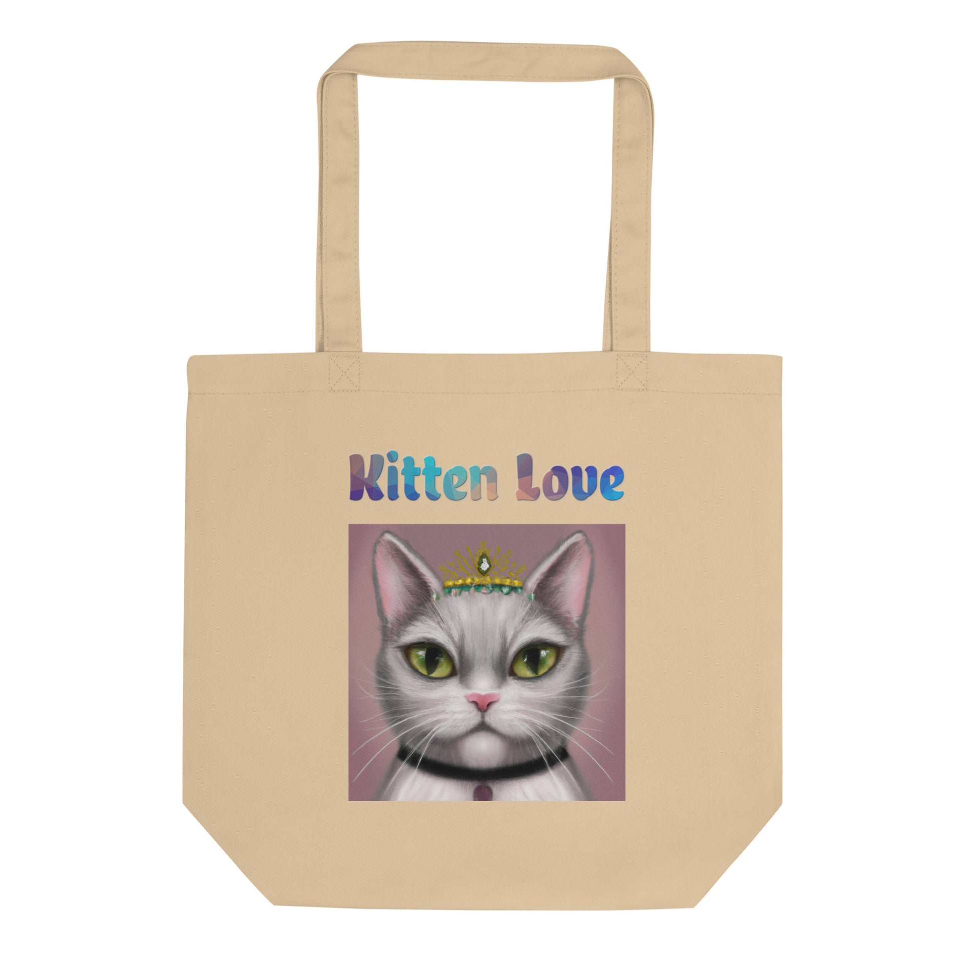 Eco Tote Bag with Cat With a Tiara with text "Kitten Love" at $26.97 found at Personalizedpetlovergifts