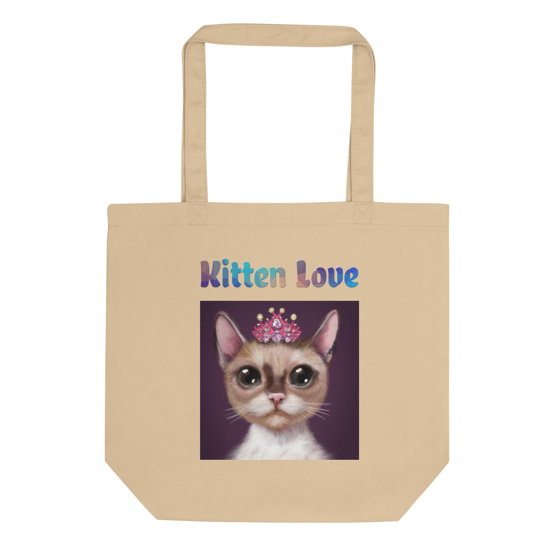 Eco Tote Bag with Cat With a Pink Tiara with text "Kitten Love" at $26.97 found at Personalizedpetlovergifts