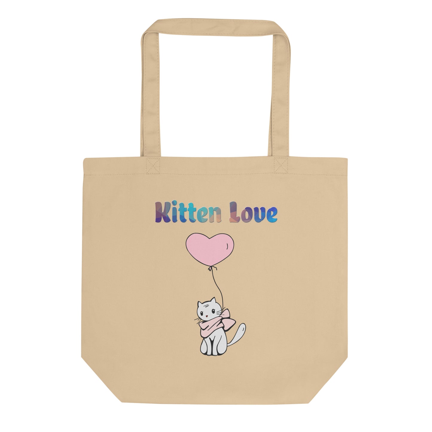 Eco Tote Bag with Cat With a Pink Heart Balloon with text "Kitten Love" at $26.97 found at Personalizedpetlovergifts