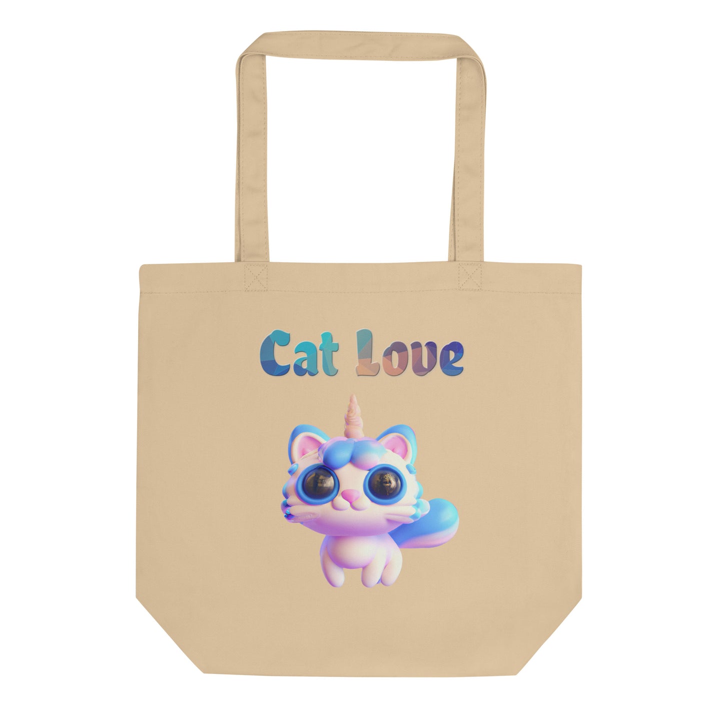 Eco Tote Bag with Cute 3D Unicorn Cat with text "Cat Love" at $26.97 found at Personalizedpetlovergifts