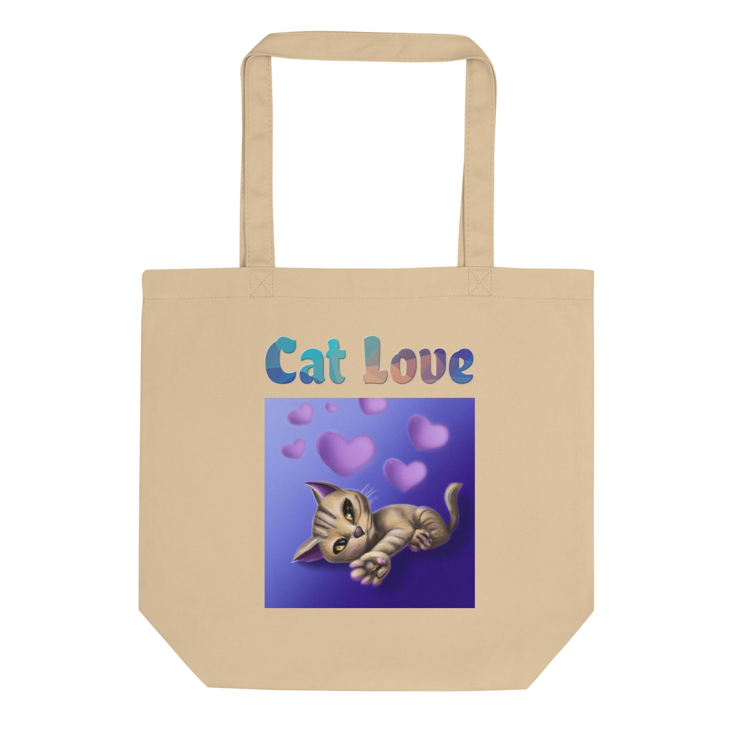 Eco Tote Bag with Cat With Purple Hearts with text "Cat Love" at $26.97 found at Personalizedpetlovergifts