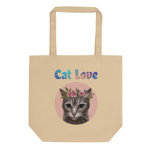 Eco Tote Bag with Cat With Pink Floral Headpiece with text "Cat Love" at $26.97 found at Personalizedpetlovergifts