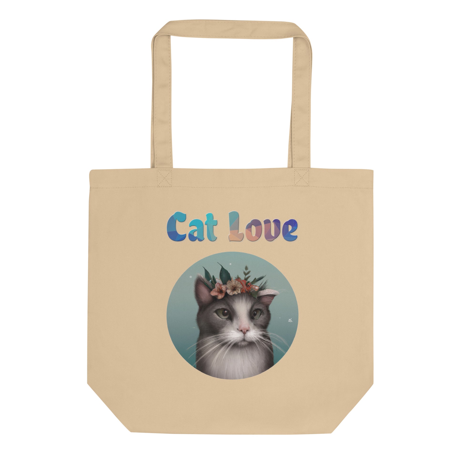 Eco Tote Bag with Cat With Flowers with text "Cat Love" at $26.97 found at Personalizedpetlovergifts