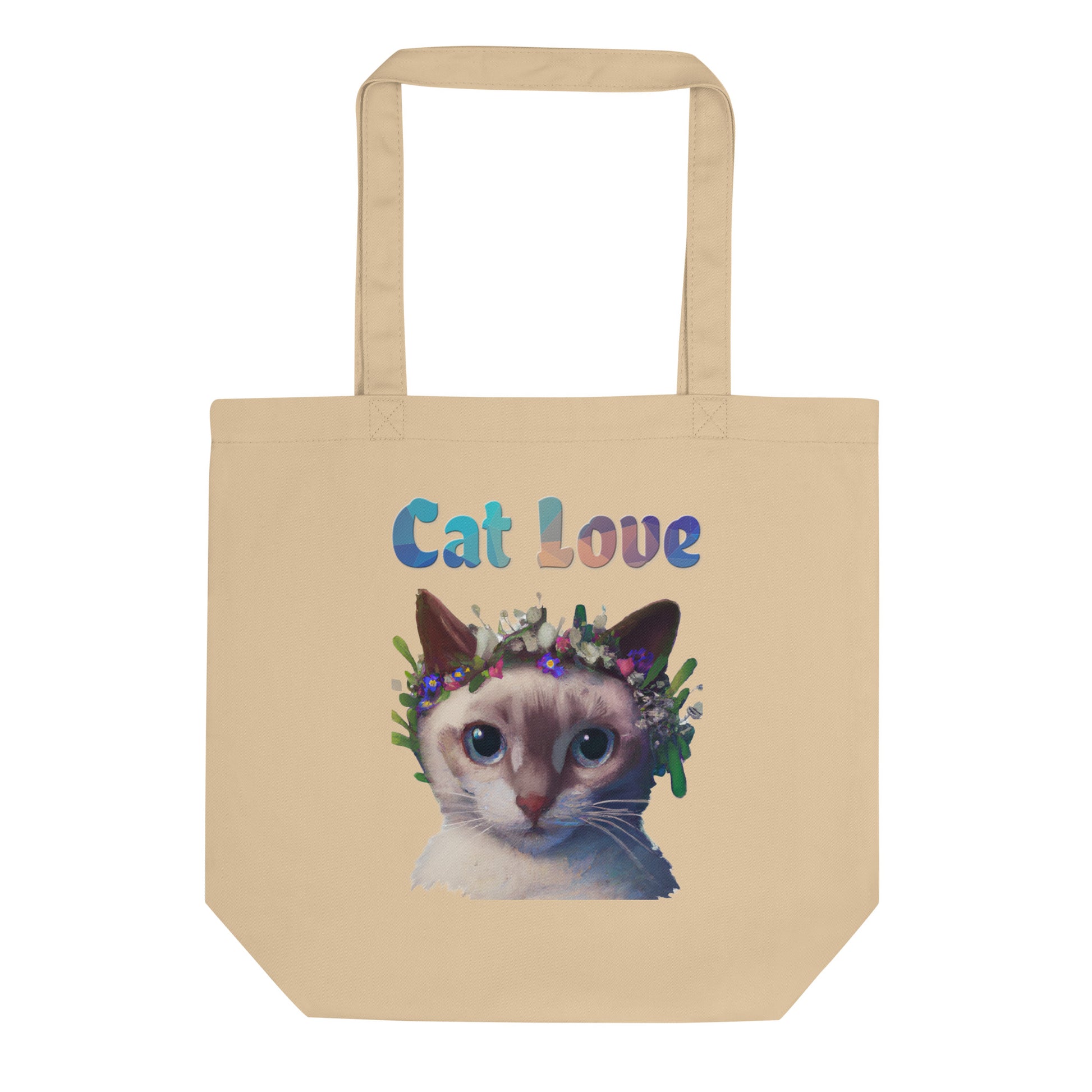 Eco Tote Bag with Cat With Flowers On Head with text "Cat Love" at $26.97 found at Personalizedpetlovergifts