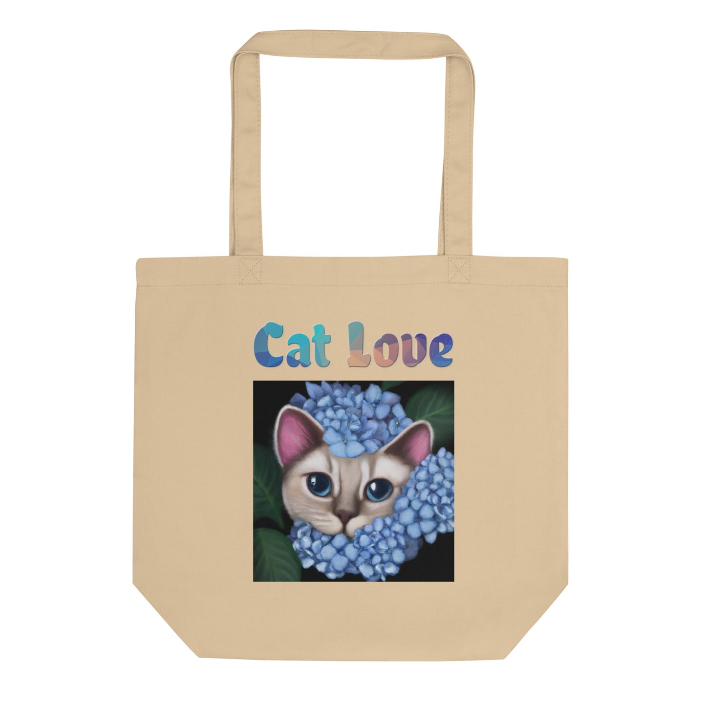 Eco Tote Bag with Cat With Blue Hydrangea Flowers with text "Cat Love" at $26.97 found at Personalizedpetlovergifts