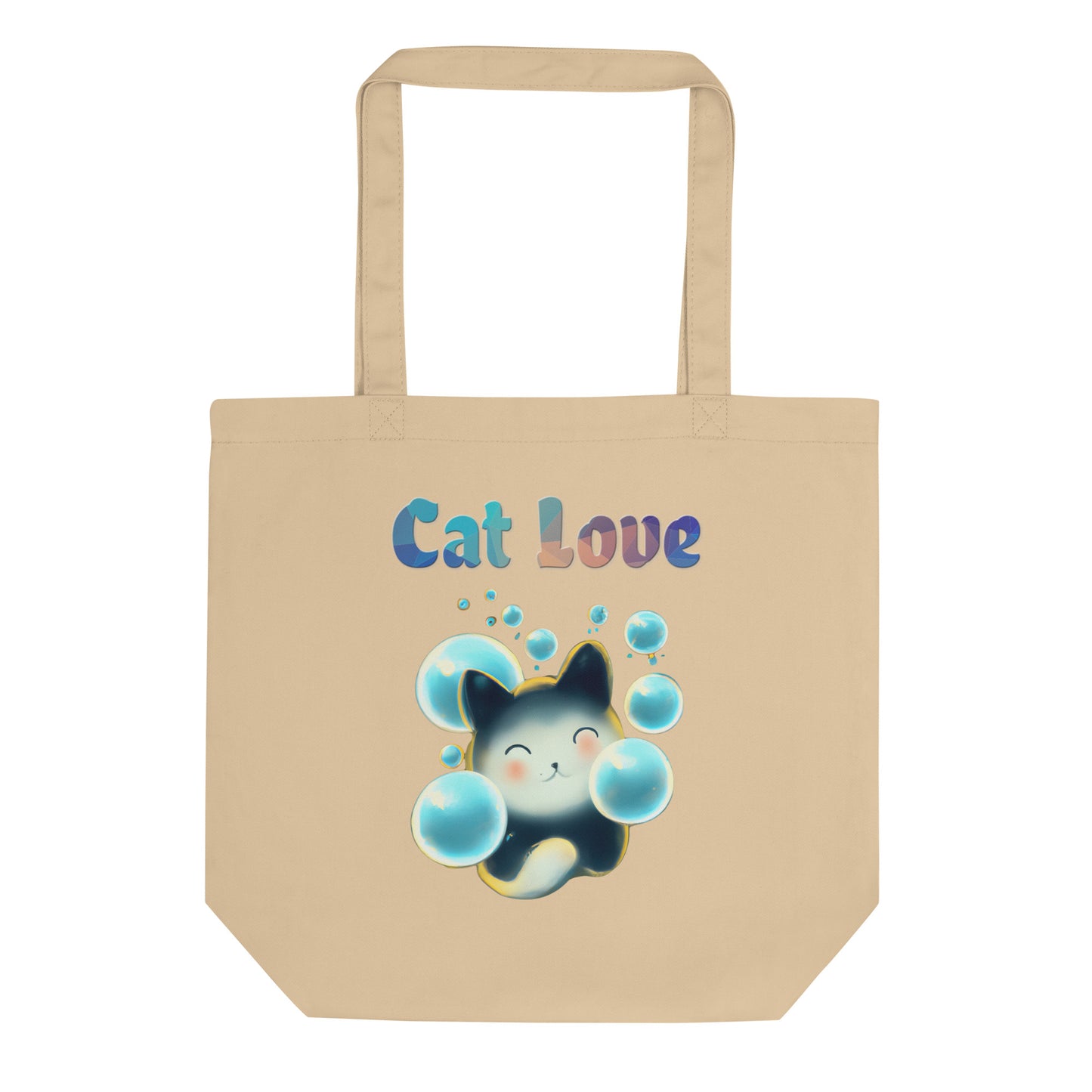 Eco Tote Bag with Cat With Blue Bubbles with text "Cat Love" at $26.97 found at Personalizedpetlovergifts