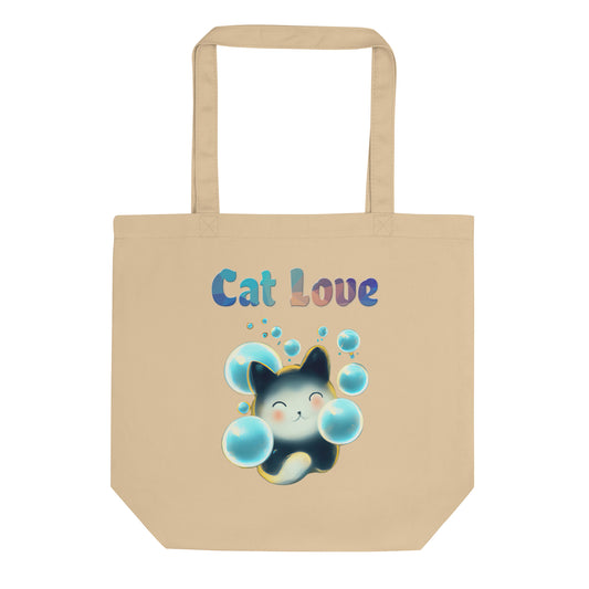 Eco Tote Bag with Cat With Blue Bubbles with text "Cat Love" at $26.97 found at Personalizedpetlovergifts