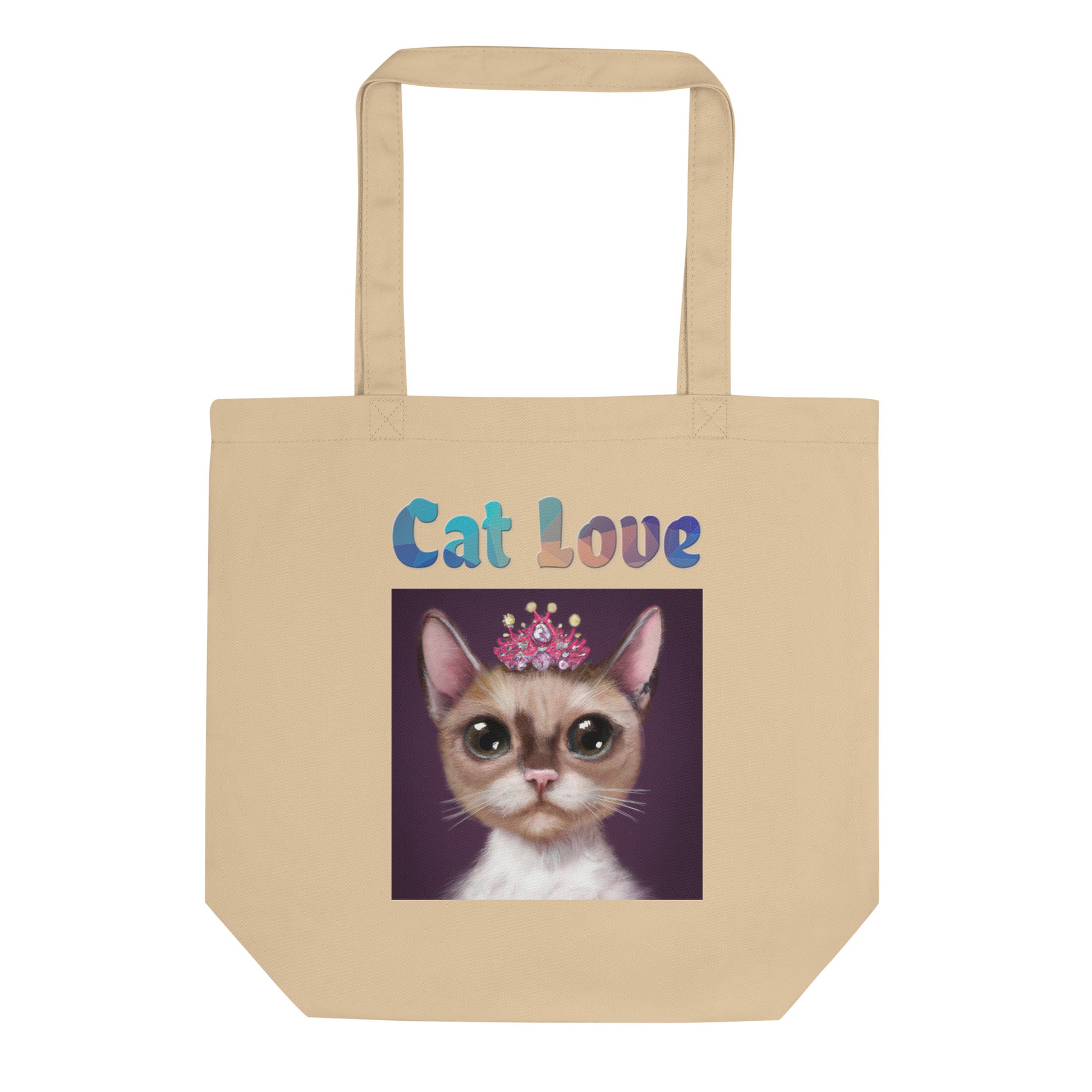 Eco Tote Bag with Cat With a Pink Tiara with text "Cat Love" at $26.97 found at Personalizedpetlovergifts