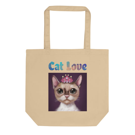 Eco Tote Bag with Cat With a Pink Tiara with text "Cat Love" at $26.97 found at Personalizedpetlovergifts