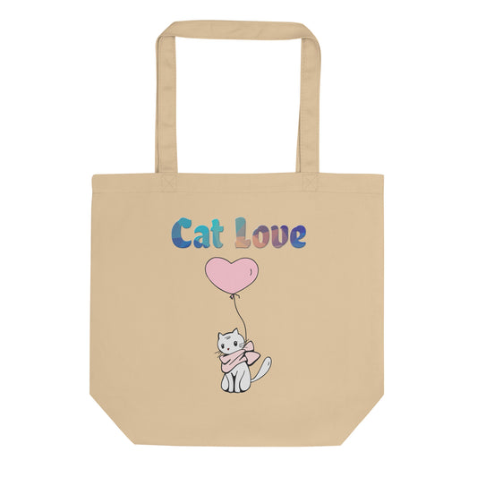 Eco Tote Bag with Cat With a Pink Heart Balloon with text "Cat Love" at $26.97 found at Personalizedpetlovergifts