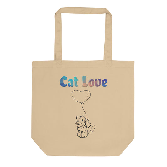 Eco Tote Bag with Cat With a Heart Balloon with text "Cat Love" at $26.97 found at Personalizedpetlovergifts