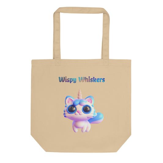 Eco Tote Bag with Cute 3D Unicorn Cat with text "Wispy Whiskers" at $26.97 found at Personalizedpetlovergifts