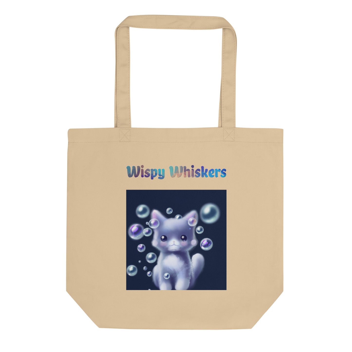 Eco Tote Bag with Cat With Soap Bubbles with text "Wispy Whiskers" at $26.97 found at Personalizedpetlovergifts