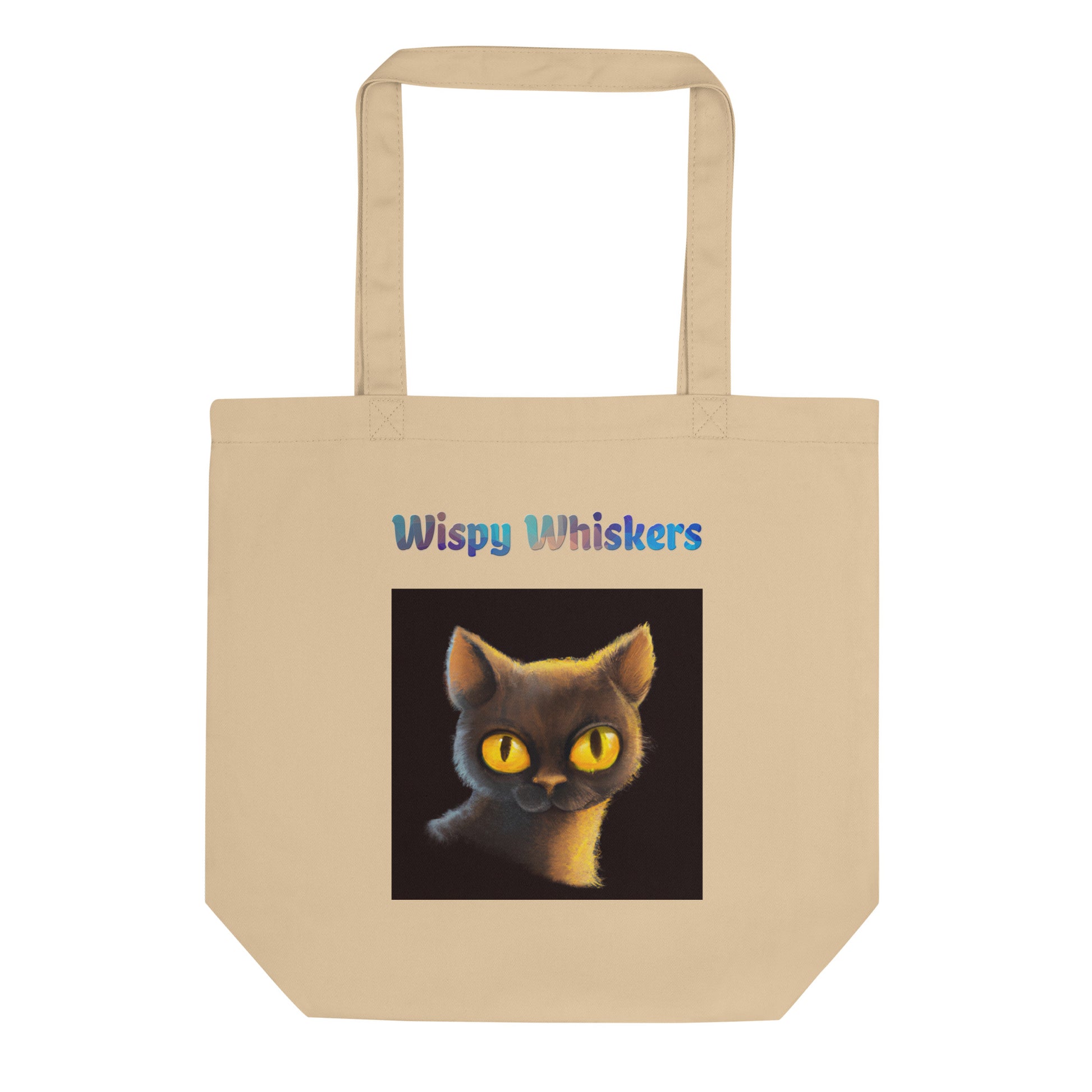 Eco Tote Bag with Cat With Shiny Yellow Eyes with text "Wispy Whiskers" at $26.97 found at Personalizedpetlovergifts