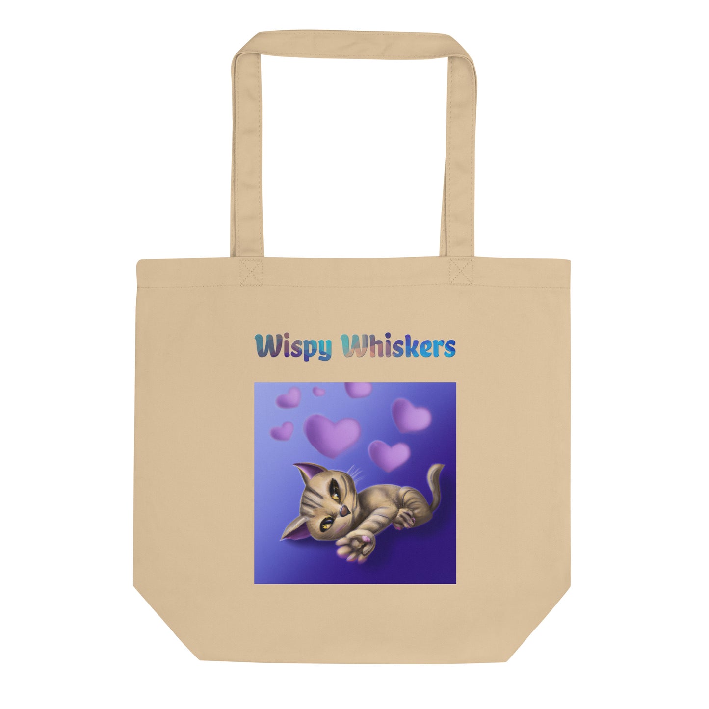 Eco Tote Bag with Cat With Purple Hearts with text "Wispy Whiskers" at $26.97 found at Personalizedpetlovergifts