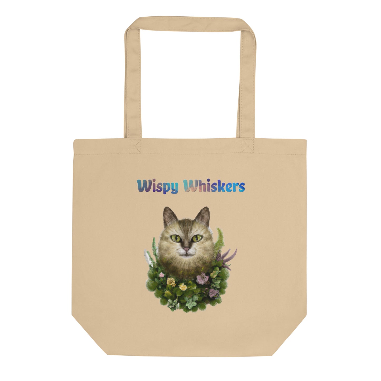 Eco Tote Bag with Cat With Plants And Flowers with text "Wispy Whiskers" at $26.97 found at Personalizedpetlovergifts