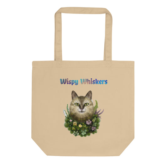 Eco Tote Bag with Cat With Plants And Flowers with text "Wispy Whiskers" at $26.97 found at Personalizedpetlovergifts