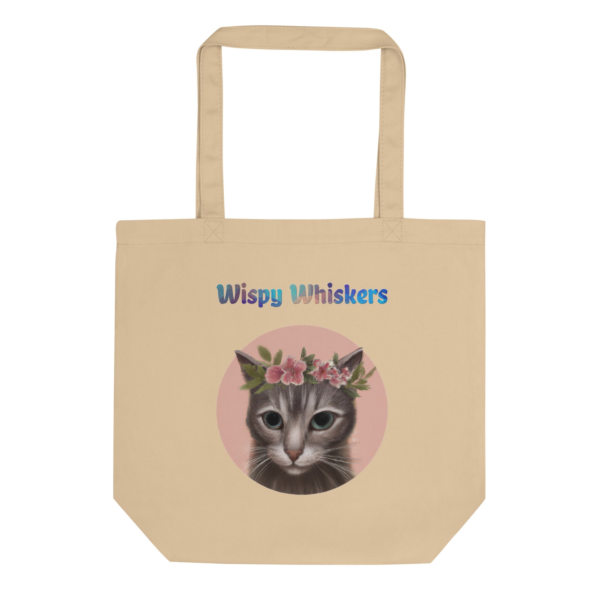 Eco Tote Bag with Cat With Pink Floral Headpiece with text "Wispy Whiskers" at $26.97 found at Personalizedpetlovergifts